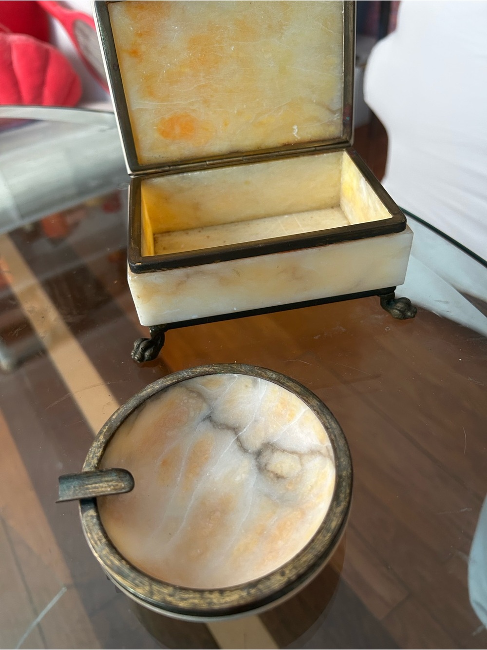 Alabaster Marble antique smoke set Trinket Box matching ashtray